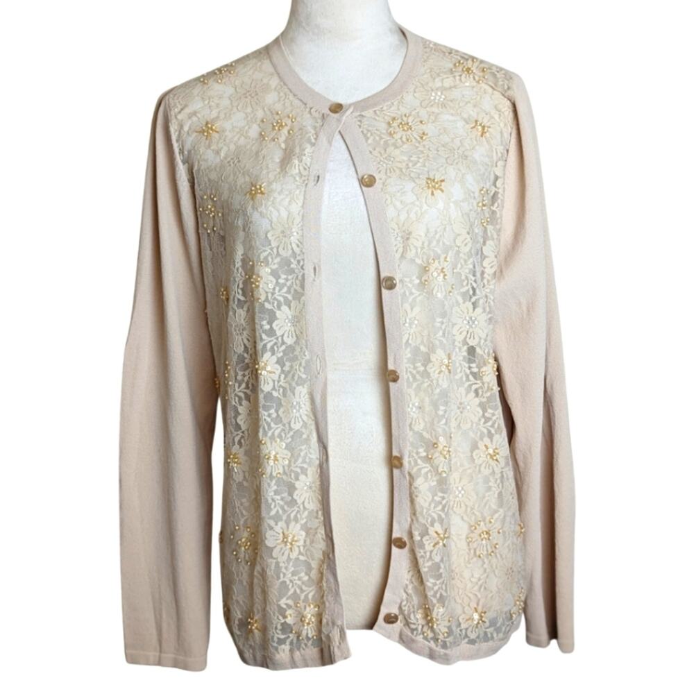 Vintage Cottagecore Lace Button Down Knit Cardigan Oversized Women's Size S